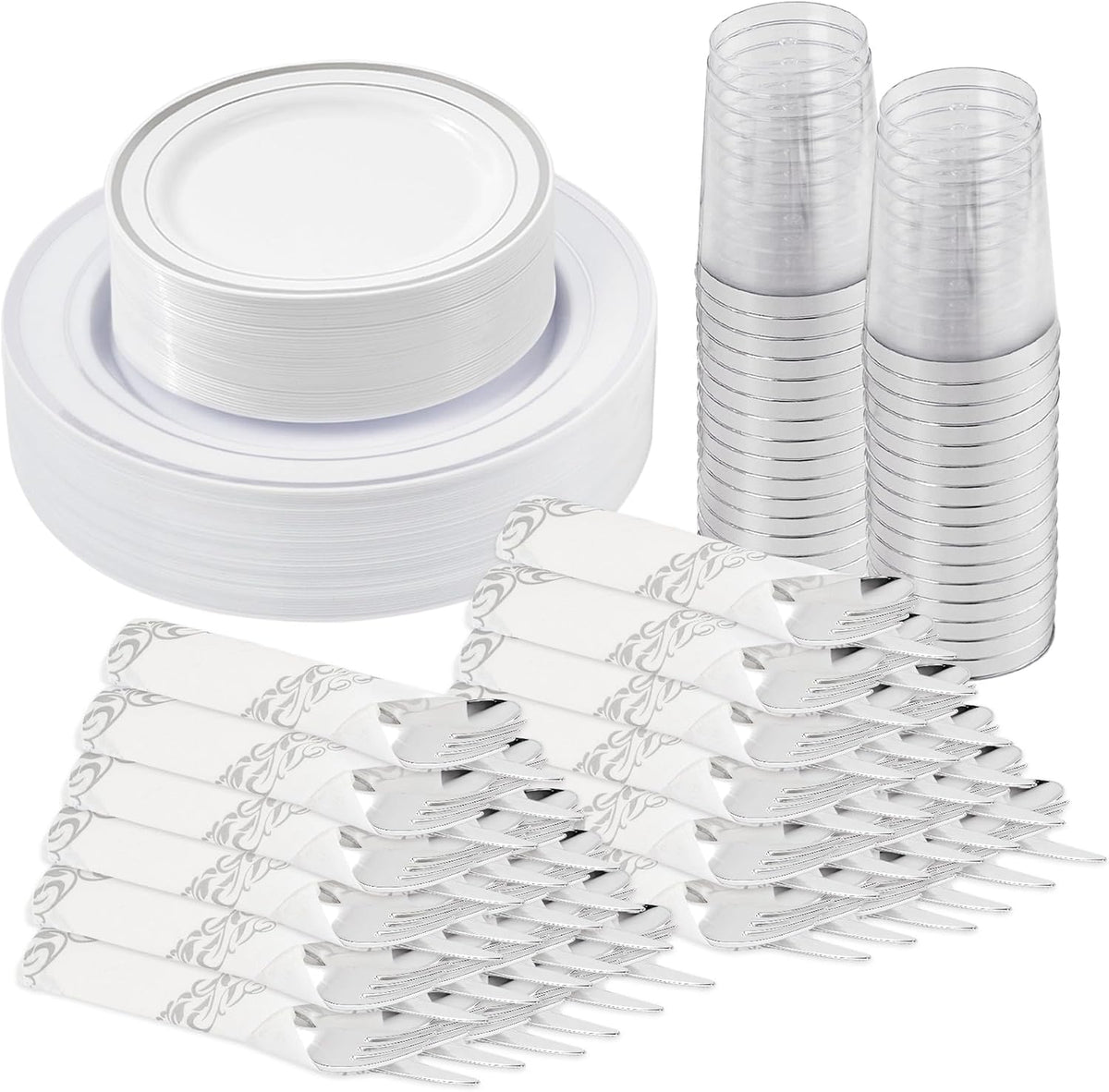 Fijinhom 175PCS Plastic Plates for 25 Guests, Silver Disposable Plates