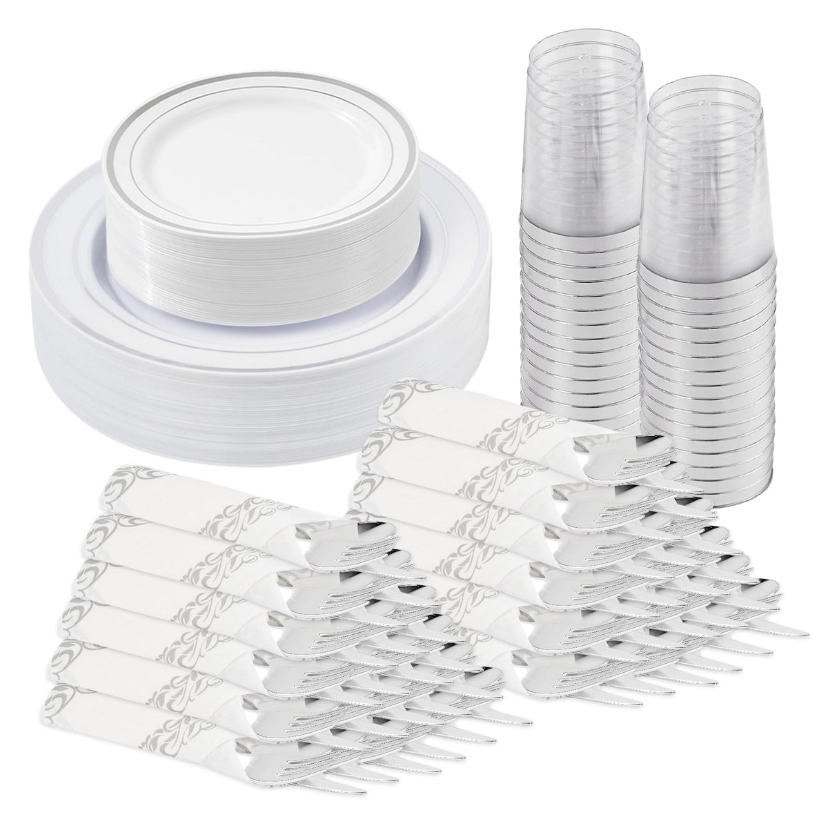 Fijinhom 175PCS Plastic Plates for 25 Guests, Silver Disposable Plates