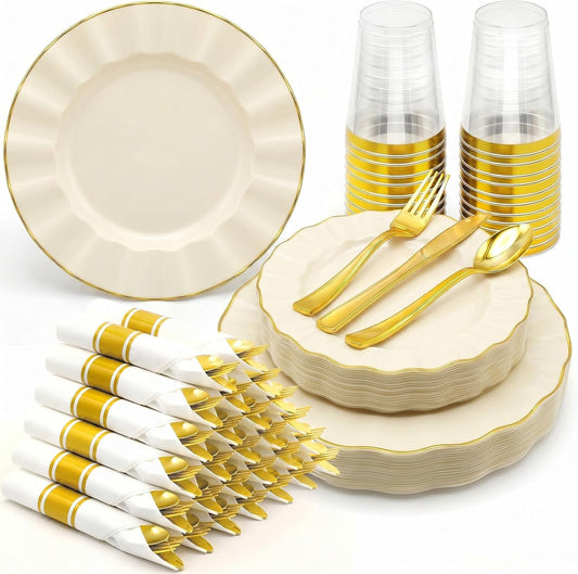 Glowserve Scalloped Plastic Plates Dinnerware Set 175 PCS for 25 Guests