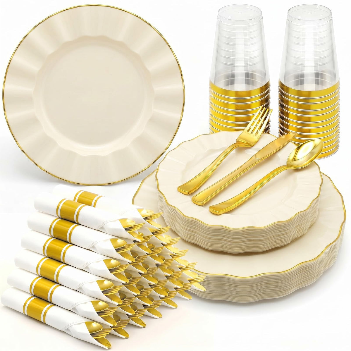 Glowserve Scalloped Plastic Plates Dinnerware Set 175 PCS for 25 Guests