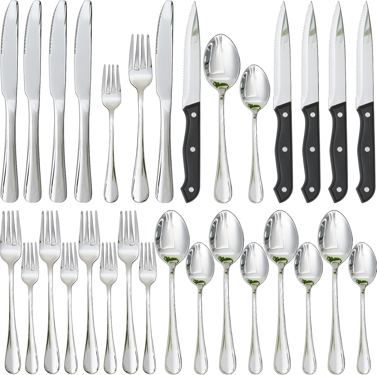 Astercook Silverware Set with Steak Knives 24-Piece Flatware Set for 4 Food-Grade Stainless Steel Cutlery Set Mirror Polished Utensils Set Include Spoons and Forks for Home Kitchen Restaurant