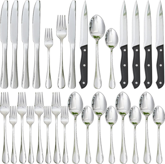 Astercook Silverware Set with Steak Knives 24-Piece Flatware Set for 4 Food-Grade Stainless Steel Cutlery Set Mirror Polished Utensils Set Include Spoons and Forks for Home Kitchen Restaurant