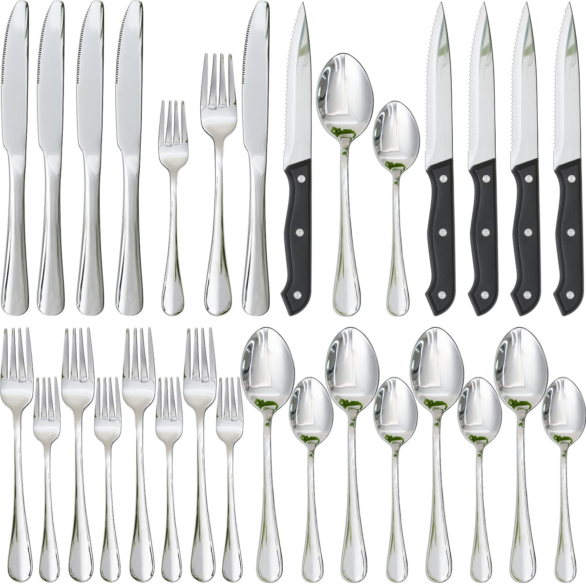 Astercook Silverware Set with Steak Knives 24-Piece Flatware Set for 4 Food-Grade Stainless Steel Cutlery Set Mirror Polished Utensils Set Include Spoons and Forks for Home Kitchen Restaurant