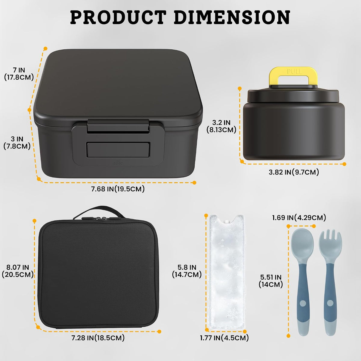 MAISON HUIS Bento Lunch Box with 8oz Soup Thermo and Insulated Lunch Bag, Kids Leakproof Lunch Food Containers with 5 Compartment, Boys Girls Thermo Hot Food Jar for Travel, School, BPA Free (Black)