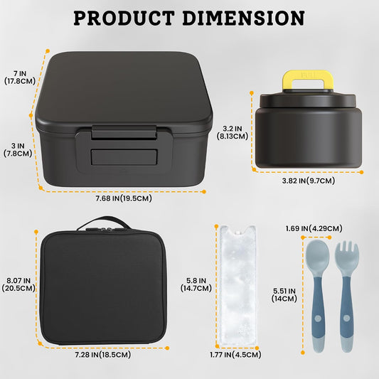 MAISON HUIS Bento Lunch Box with 8oz Soup Thermo and Insulated Lunch Bag, Kids Leakproof Lunch Food Containers with 5 Compartment, Boys Girls Thermo Hot Food Jar for Travel, School, BPA Free (Black)