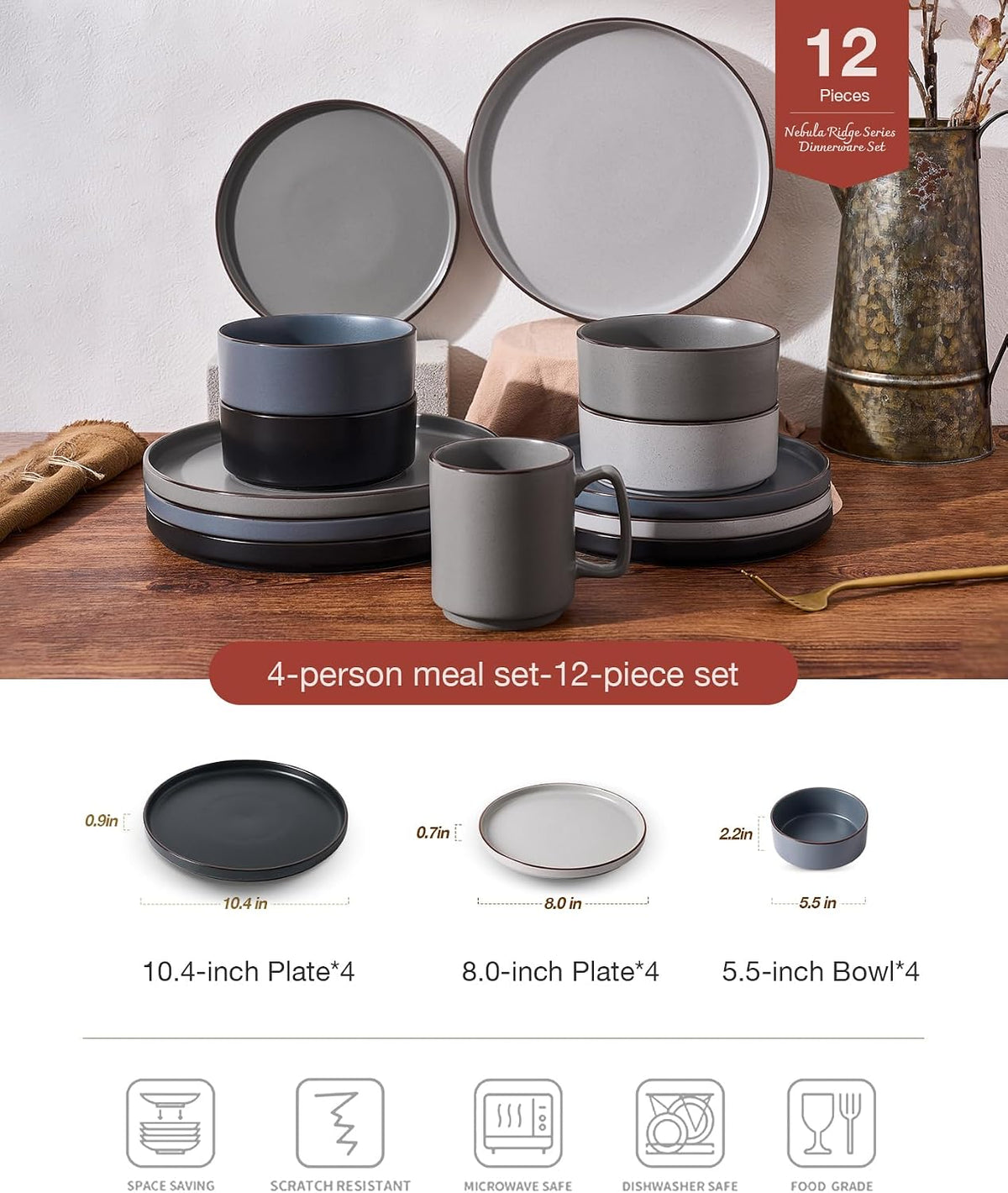 Famiware Nebula Ridge 12-Piece Stoneware Dinnerware Set, Multi-color