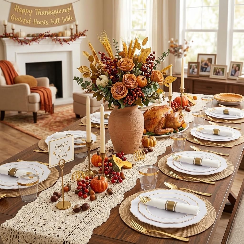Liacere 350PCS Gold Plastic Plates-Disposable White and Gold Plates Baroque Plastic Dinnerware include 100Plates, 50Pack Pre Rolled Napkins with Silverware 50Cups for Wedding&Thanksgiving&Fall Party