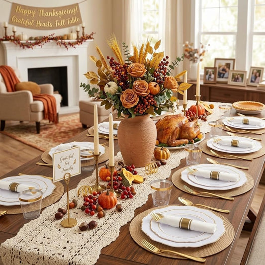 Liacere 350PCS Gold Plastic Plates-Disposable White and Gold Plates Baroque Plastic Dinnerware include 100Plates, 50Pack Pre Rolled Napkins with Silverware 50Cups for Wedding&Thanksgiving&Fall Party