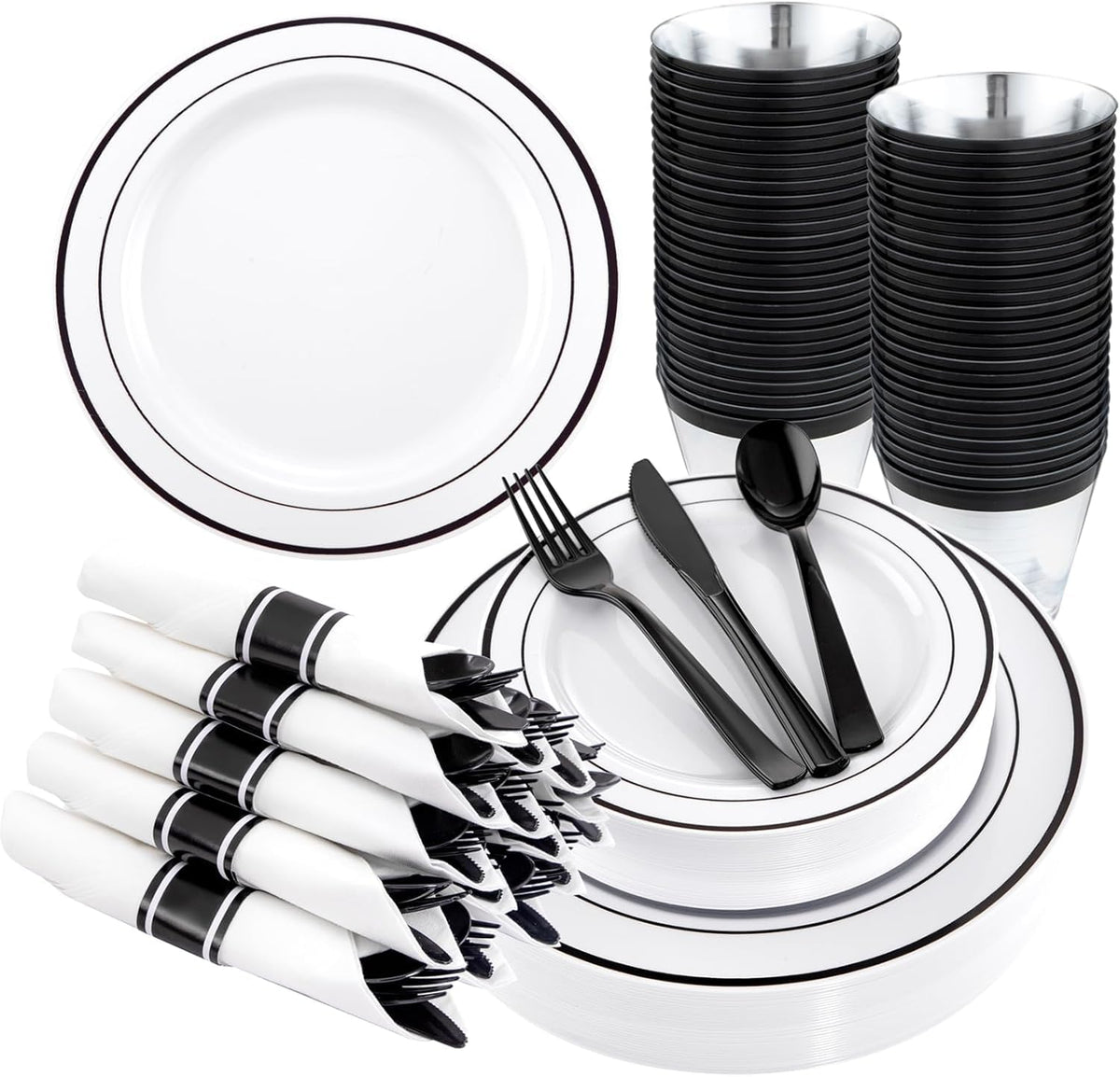 WELLIFE Disposable Plates & Gold Silverware Set, 350 Pieces for 50 Guests