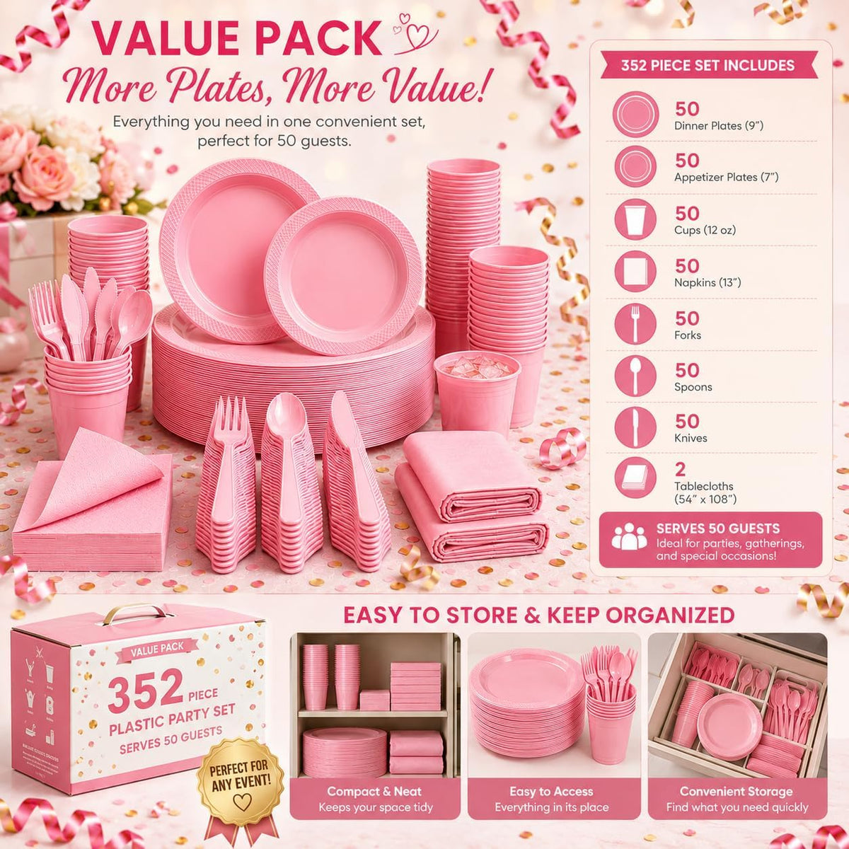 Tinybee 352 Pcs Pink Plastic Plates, Disposable Dinnerware Set for 50