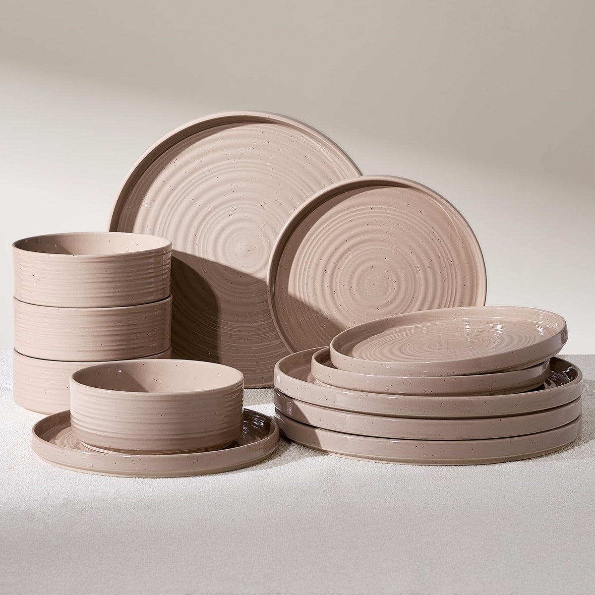 Stoneware Dinnerware Sets for 4, Reactive Glaze Plates & Bowls, Shell Beige