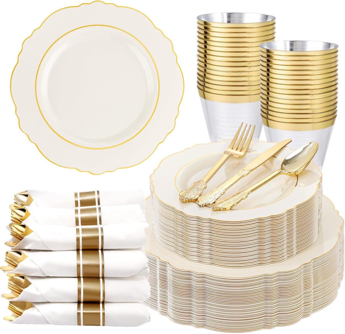 Liacere 350PCS Gold Plastic Plates-Disposable White and Gold Plates Baroque Plastic Dinnerware include 100Plates, 50Pack Pre Rolled Napkins with Silverware 50Cups for Wedding&Thanksgiving&Fall Party