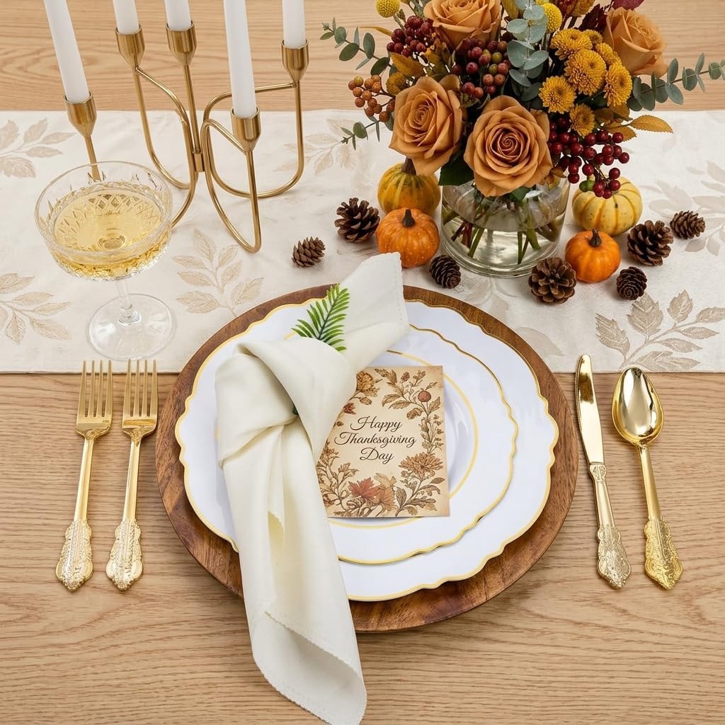 Liacere 350PCS Gold Plastic Plates-Disposable White and Gold Plates Baroque Plastic Dinnerware include 100Plates, 50Pack Pre Rolled Napkins with Silverware 50Cups for Wedding&Thanksgiving&Fall Party
