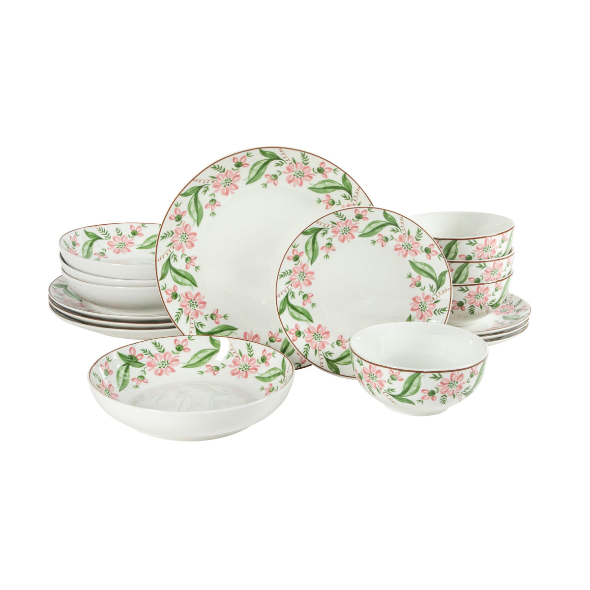 Martha Stewart Empress Bouquet 12-Piece Decorated Porcelain Chip and Scratch Resistant Dinnerware Plates and Bowls Set - Pink Floral