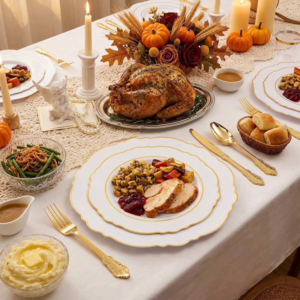 Liacere 350PCS Gold Plastic Plates-Disposable White and Gold Plates Baroque Plastic Dinnerware include 100Plates, 50Pack Pre Rolled Napkins with Silverware 50Cups for Wedding&Thanksgiving&Fall Party