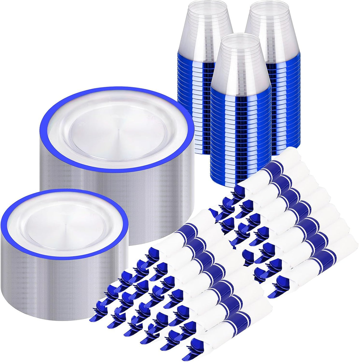 I00000 700Pcs Dark Blue Plastic Dinnerware Set ,Clear Plates for 100 Guests