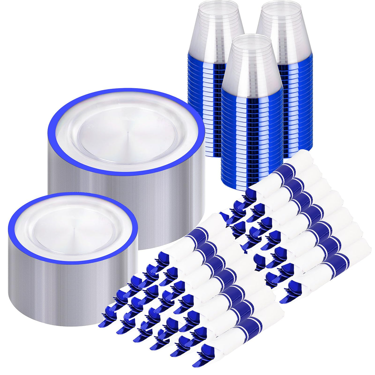 I00000 700Pcs Dark Blue Plastic Dinnerware Set ,Clear Plates for 100 Guests