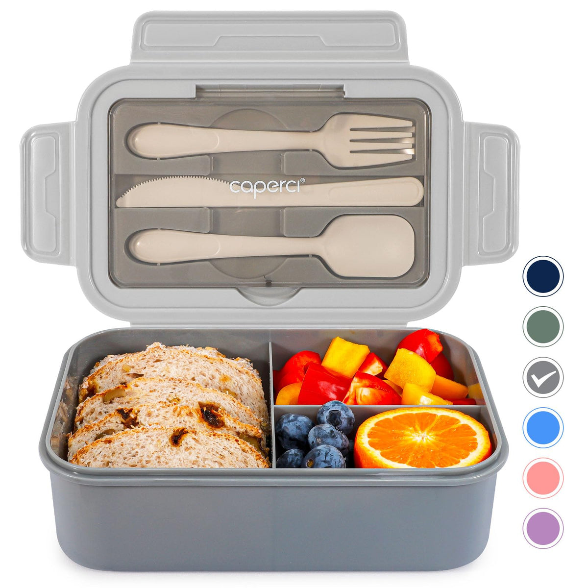 Caperci Classic Bento Box Adult Lunch Box for Older Kids - Leakpoof 47 oz 3-Compartment Containers for Adults and Teens, Built-in Utensil Set, Ideal for On-the-Go Balanced Eating, Navy Blue