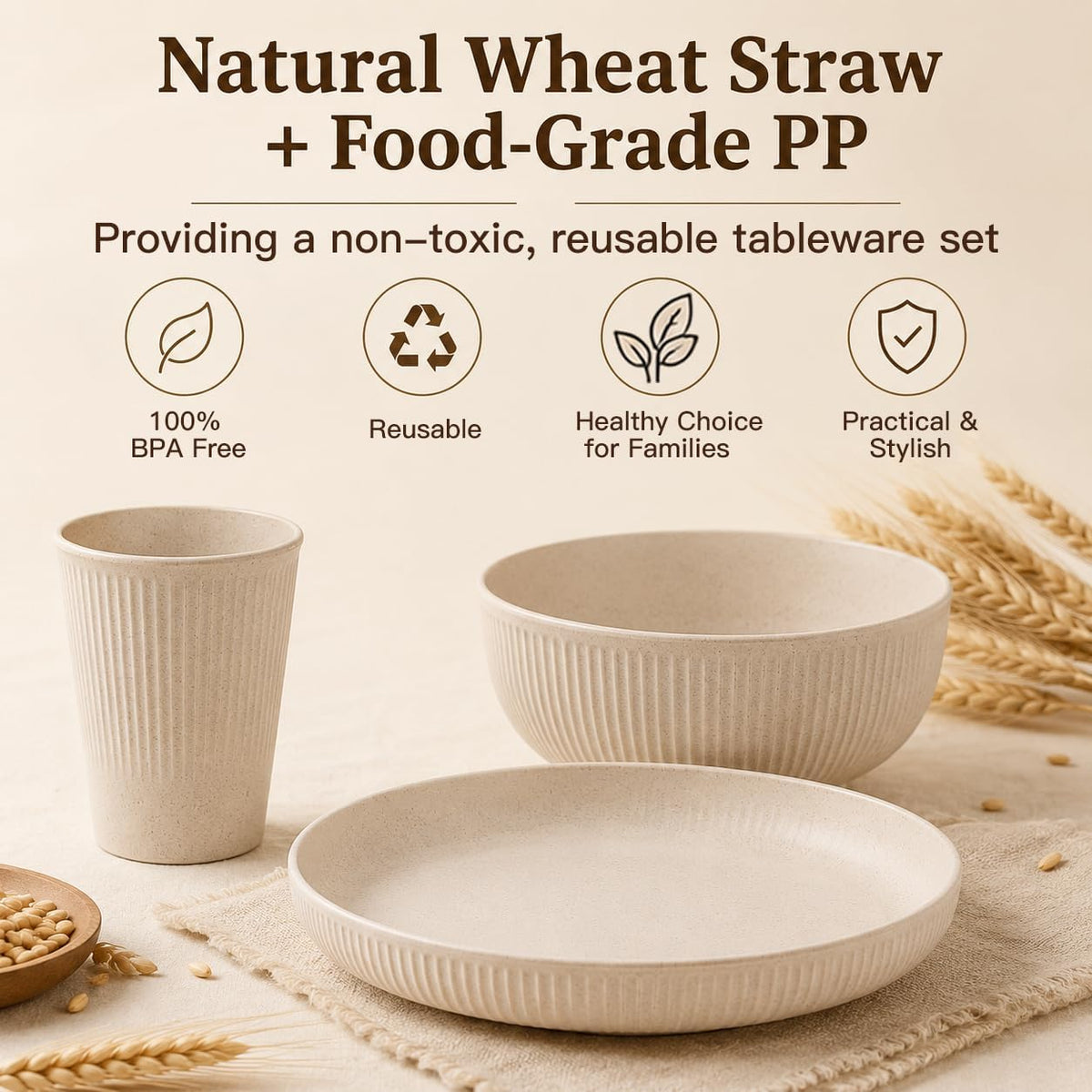 18PCS Wheat Straw Dinnerware Sets Unbreakable Reusable Dinnerware Set for 6, Microwave Dishwasher Safe Dinnerware for Outdoor Camping Dishes