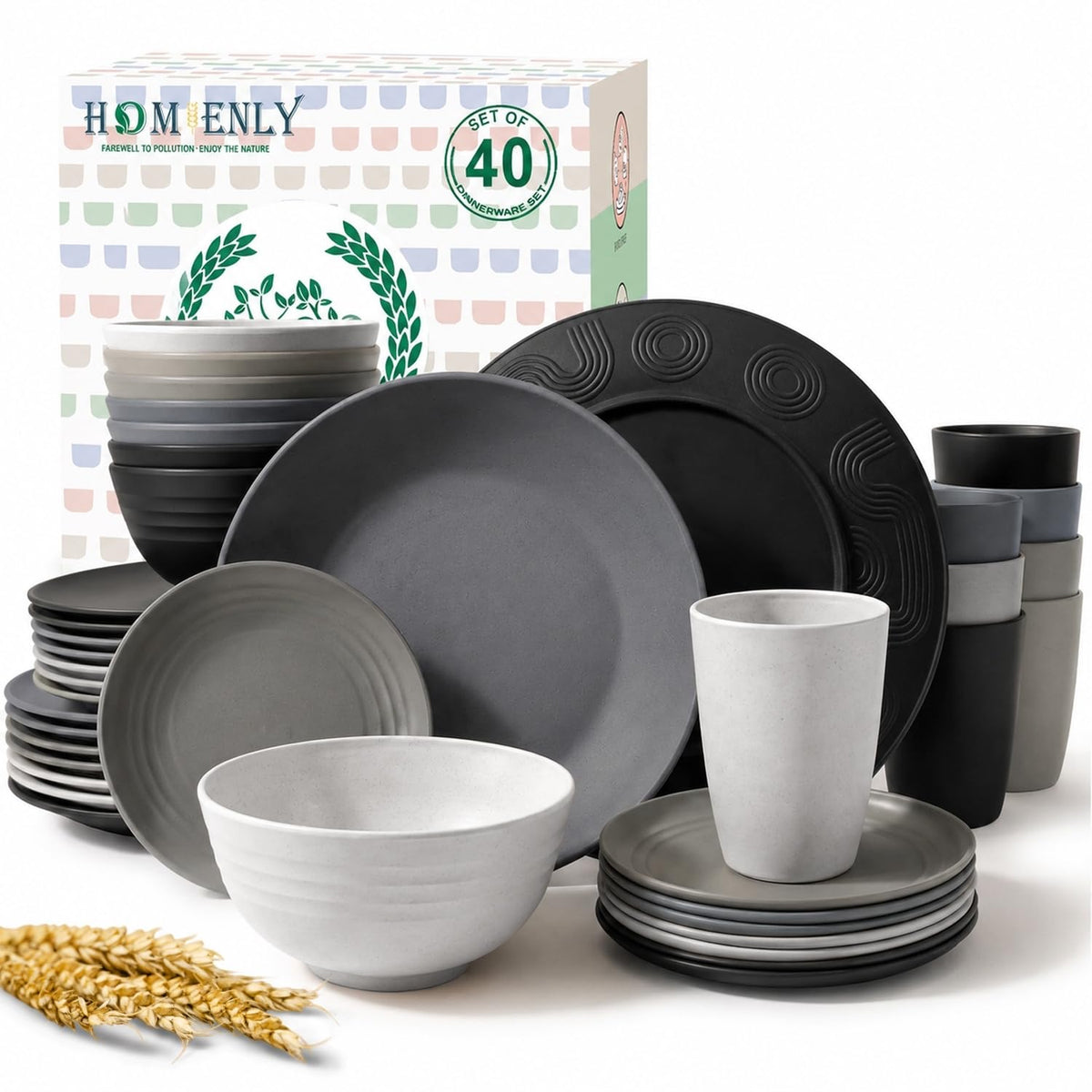 Homienly Wheat Straw Dinnerware Sets 20 PCS Plates and Bowls Sets Microwave and Dishwasher Safe Dish Set Unbreakable Camping Dish Set Cups and Plates Sets for Kitchen, Picnic, RV (Multilight)