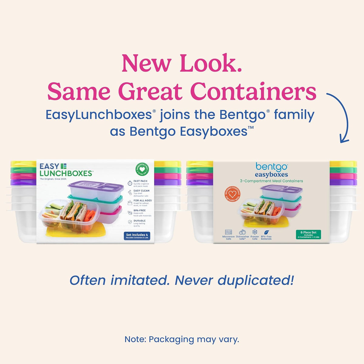 Bentgo Easyboxes - Original Stackable Lunch Boxes - Reusable 3-Compartment Food Containers for Kids and Adults - Bento Lunch Box for Meal Prep, School, & Work - BPA Free, Set of 4 (Brights)