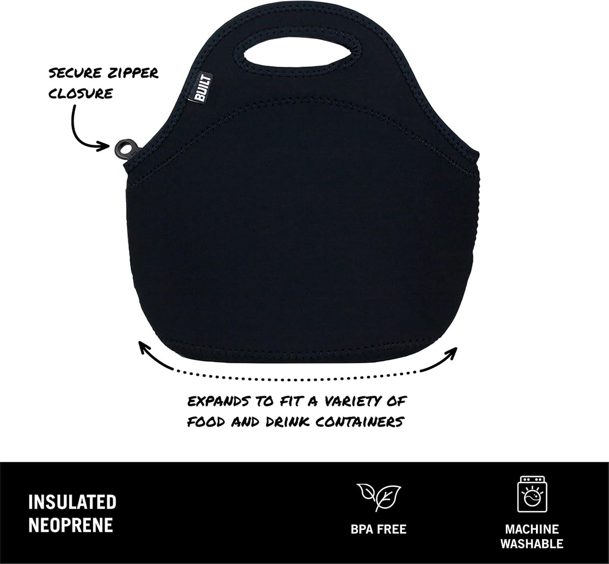 Built Gourmet Getaway Lunch Bag - Insulated Neoprene Lunch Box for Women and Men, Collapsible and Machine Washable, Black
