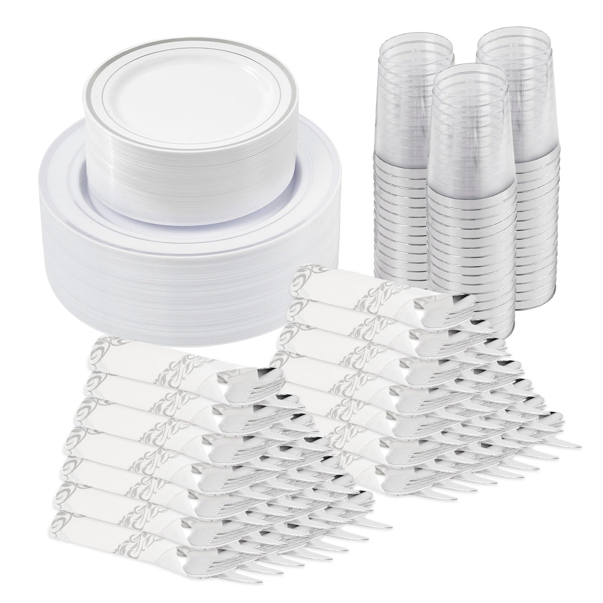 Fijinhom 175PCS Plastic Plates for 25 Guests, Silver Disposable Plates