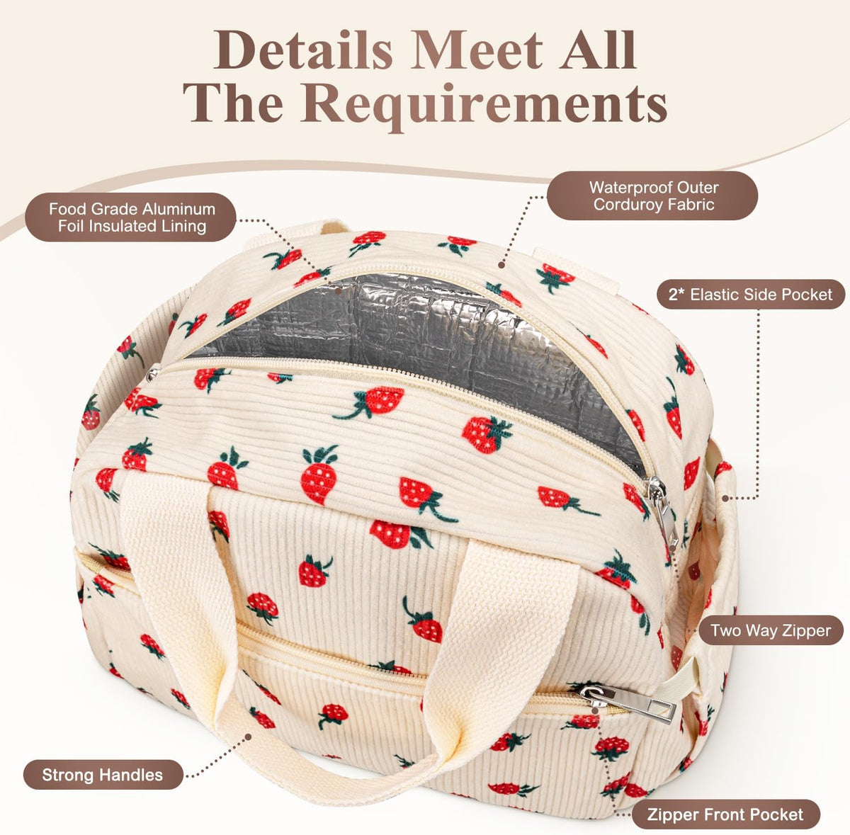 KUBYA Lunch Box for Women, Cute Strawberry Corduroy Insulated Lunch Bag Women Reusable Work Leakproof Simple Adults Large Lunch Boxes Tote Bag Men Cooler Bag