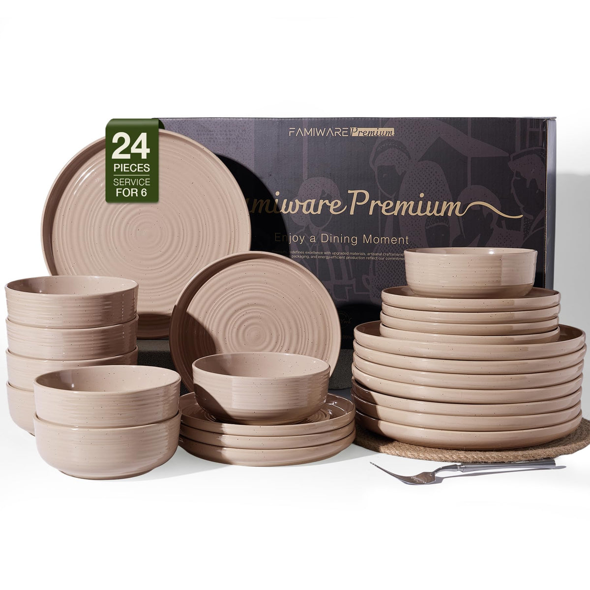 Stoneware Dinnerware Sets for 6, Plates and Bowls, Brown