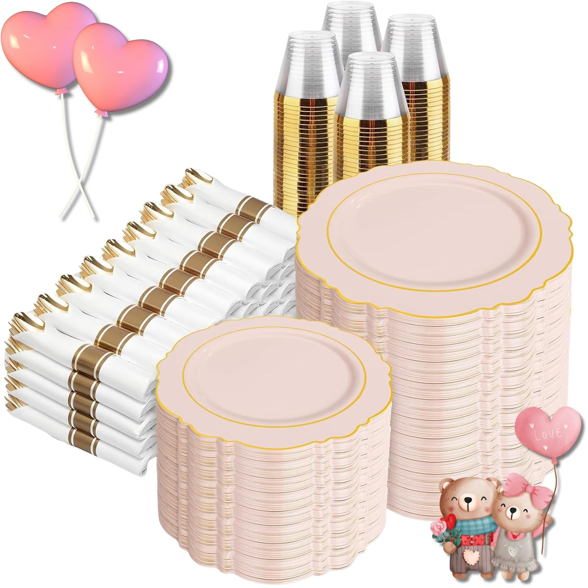 Liacere 350PCS Gold Plastic Plates-Disposable White and Gold Plates Baroque Plastic Dinnerware include 100Plates, 50Pack Pre Rolled Napkins with Silverware 50Cups for Wedding&Thanksgiving&Fall Party