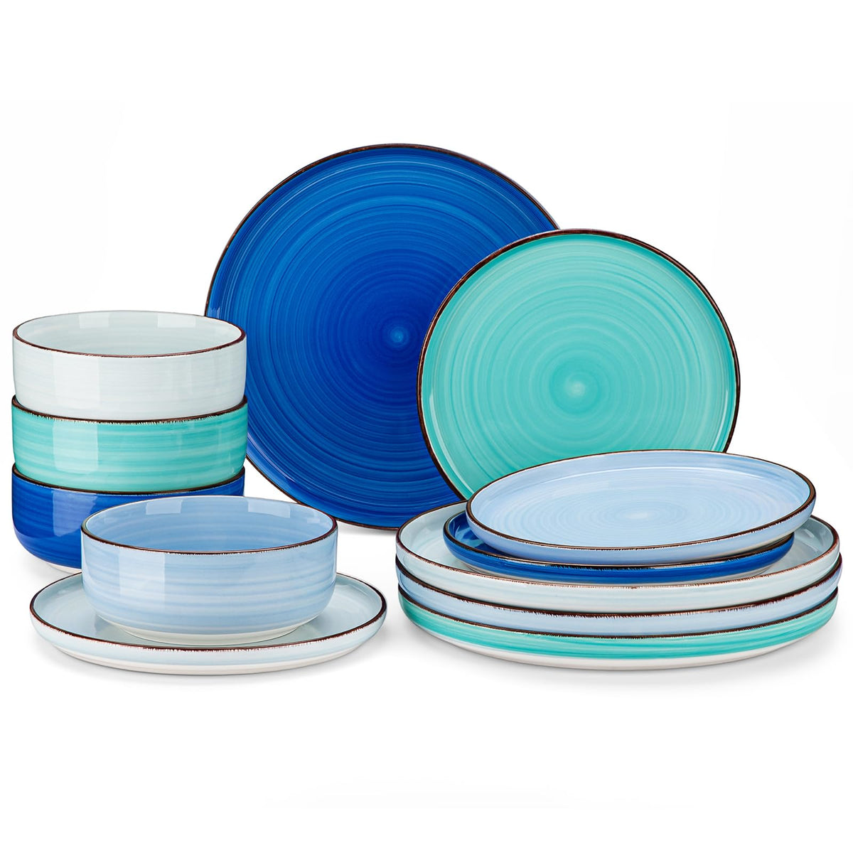 vancasso Bonita Stoneware Dinnerware Sets, 12 Pieces Dishes Set，Polished Round Plates and Bowls Set for 4, Dishwasher and Microwave Safe, Multicolor