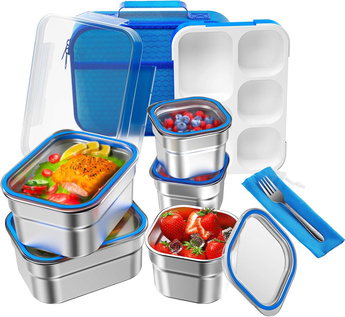 Lunch Box Stainless Steel Bento for Kids Adults Leakproof BPA-Free with Lunch Bag Metal Lunch Containers Tray 5-Compartment with Fork for Boy Food Snack Containers for School Outdoors Navy-Blue