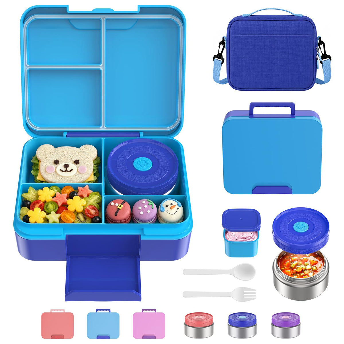 Bento Lunch Box Set for Kids with 8.5oz Hot Food Jar Leak-Proof Lunch Food Container with Insulated Lunch Bag for Toddlers Girls Boys Teens to School, Office, Picnic, Camping, Travel - Blue