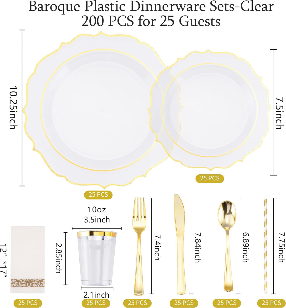 200 PCS Baroque Clear Gold Dinnerware Set for 25 Guests,Gold Rimmed Heavy Duty Plastic Disposable Plates for Party Wedding with Napkins,25Dinner Plates,Dessert Plates,Spoons,Forks,Knives,Cups
