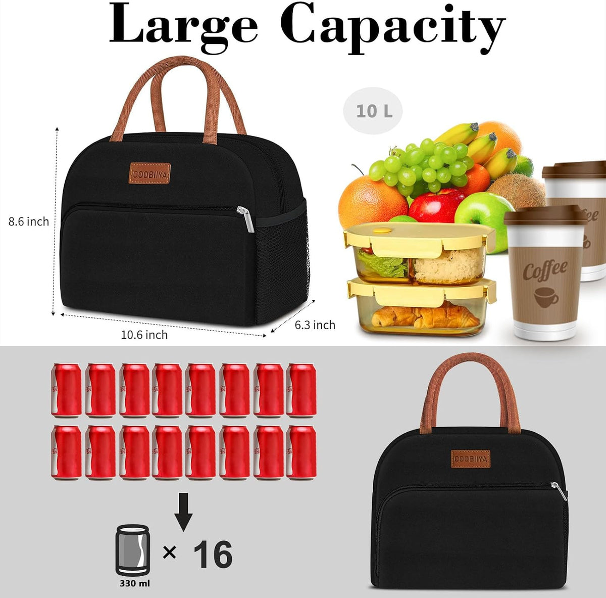 Coobiiya Lunch Box Lunch Bag for Women Men,Reusable Cute Lunch Pail bag,Leakproof,Insulated LunchBox Tote Compact 10L, Cooler Lunch Container for Work Travel Office (Black)