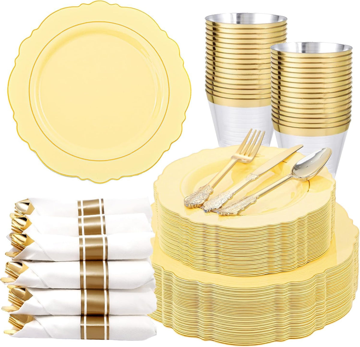 Liacere 350PCS Gold Plastic Plates-Disposable White and Gold Plates Baroque Plastic Dinnerware include 100Plates, 50Pack Pre Rolled Napkins with Silverware 50Cups for Wedding&Thanksgiving&Fall Party