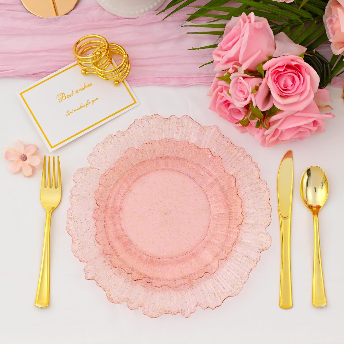 200 PCS Baroque Clear Gold Dinnerware Set for 25 Guests,Gold Rimmed Heavy Duty Plastic Disposable Plates for Party Wedding with Napkins,25Dinner Plates,Dessert Plates,Spoons,Forks,Knives,Cups