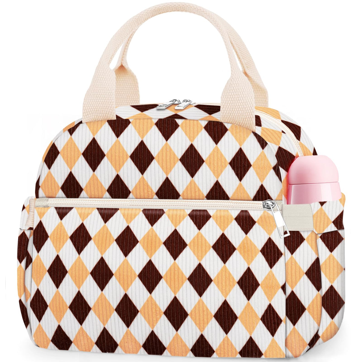 KUBYA Lunch Box for Women, Cute Strawberry Corduroy Insulated Lunch Bag Women Reusable Work Leakproof Simple Adults Large Lunch Boxes Tote Bag Men Cooler Bag