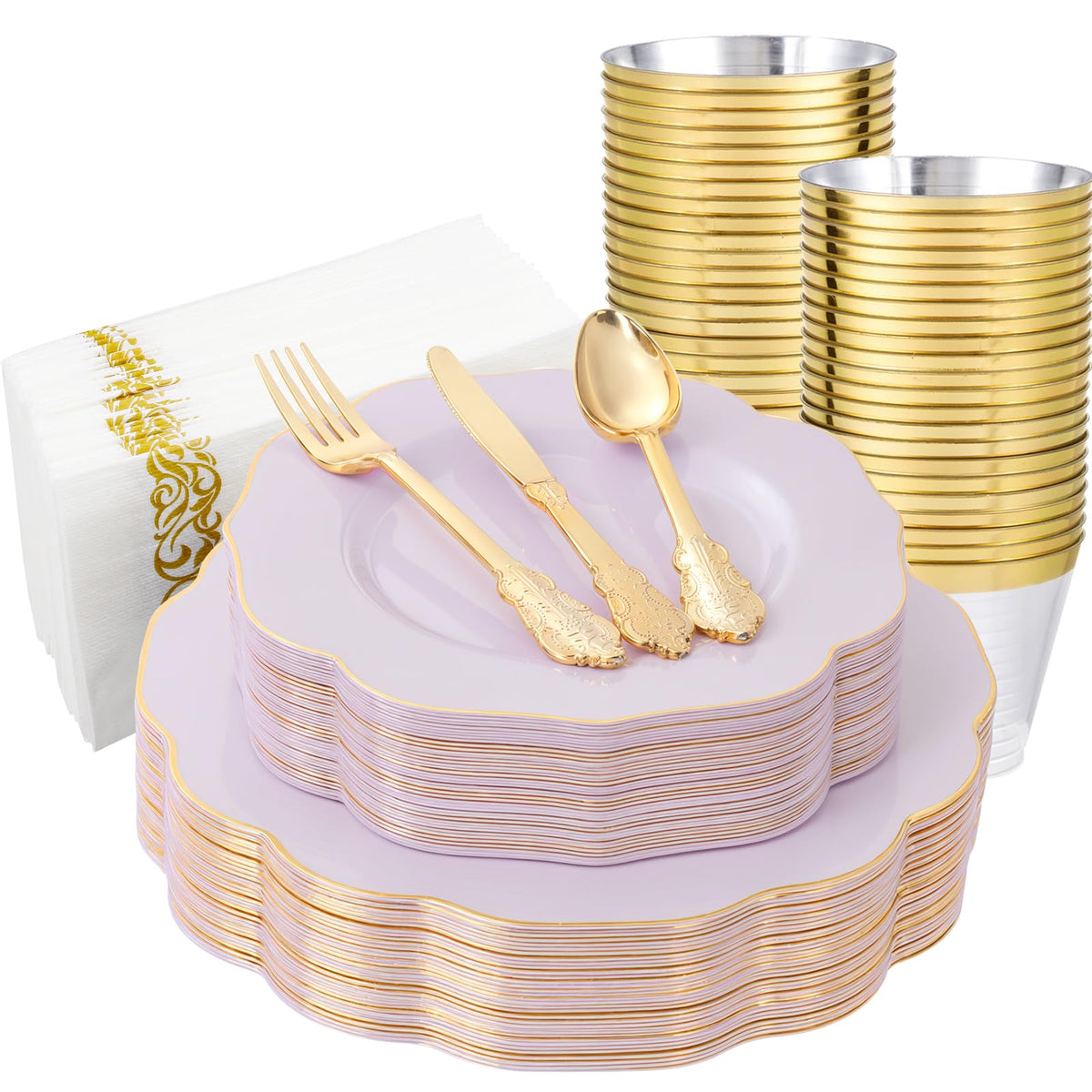 NOCCUR 175PCS Pink Plates with Gold Disposable Silverware - Include 50 Pink Plastic Plates,25 Knives,25 Forks,25 Spoons,25 Cups and 25 Napkins - Ideal for Party/Wedding/Banquet/Baby Shower