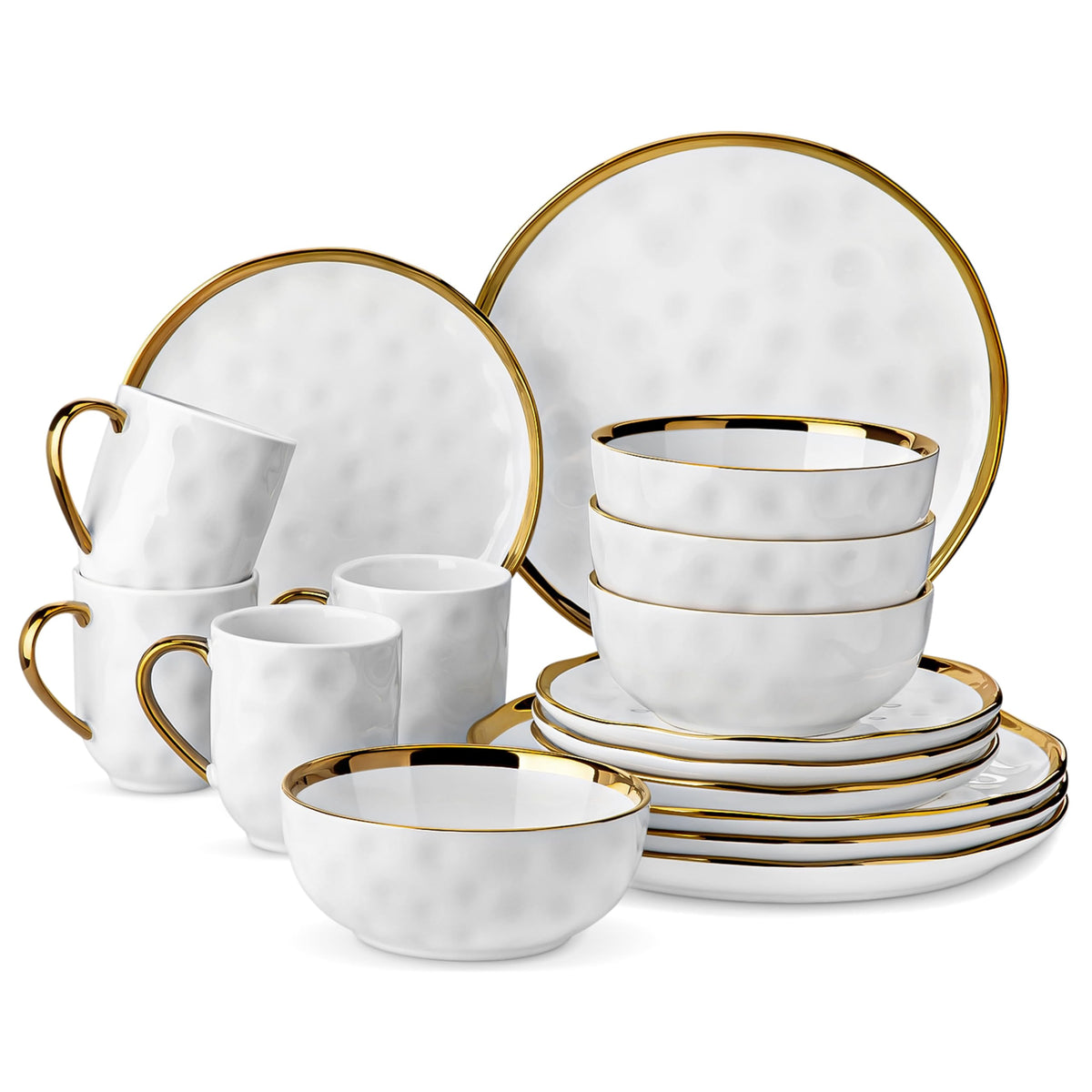 LOVECASA 12 Pieces Plates and Bowls Sets, Porcelain White and Gold Dinnerware Sets, Round Dinner Plates Dishes Set Service for 4, Dishwasher Safe and Scratch Resistant, White