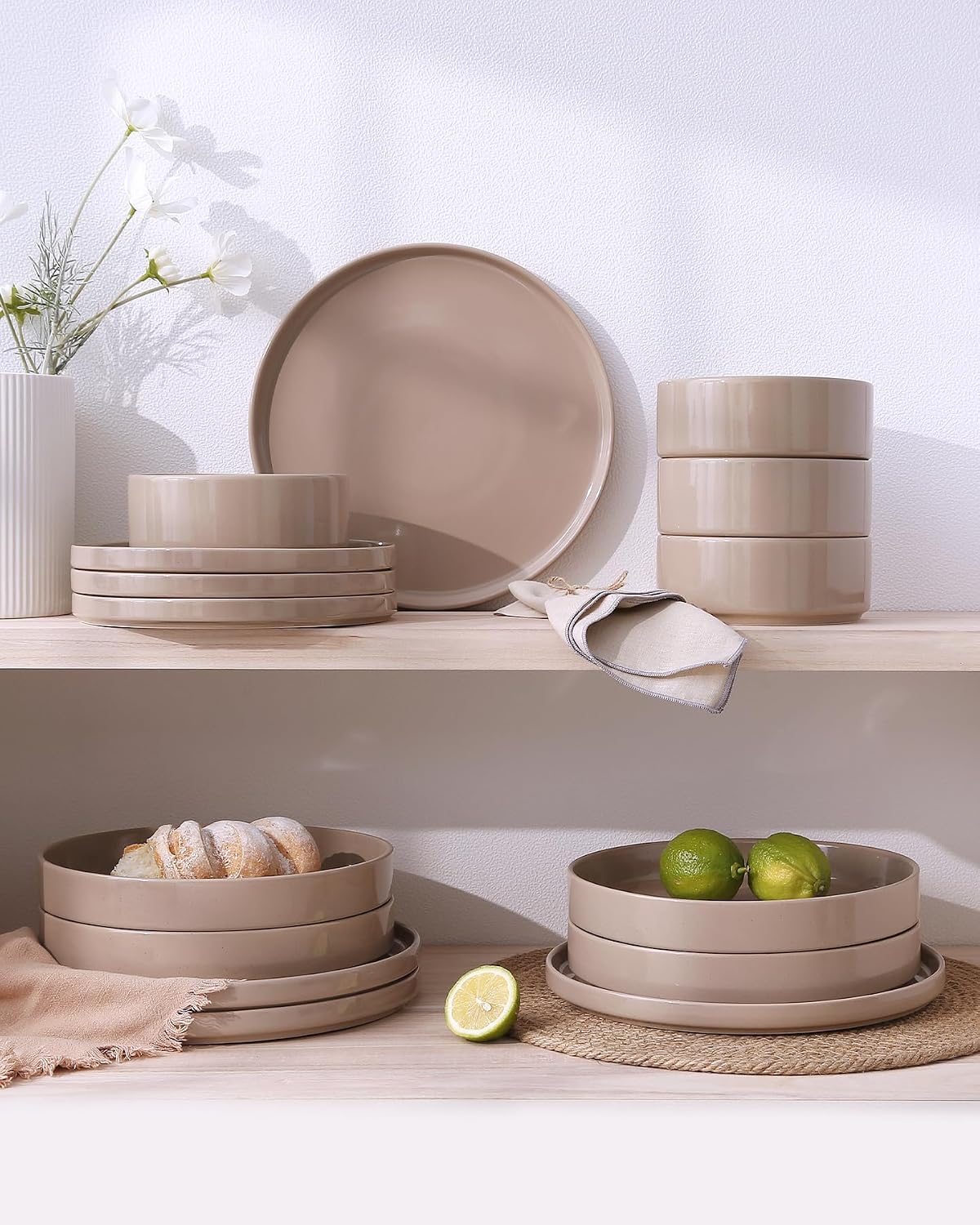 Famiware Nebula Plates and Bowls, 12-Piece Dinnerware Set, Cinnamon Brown