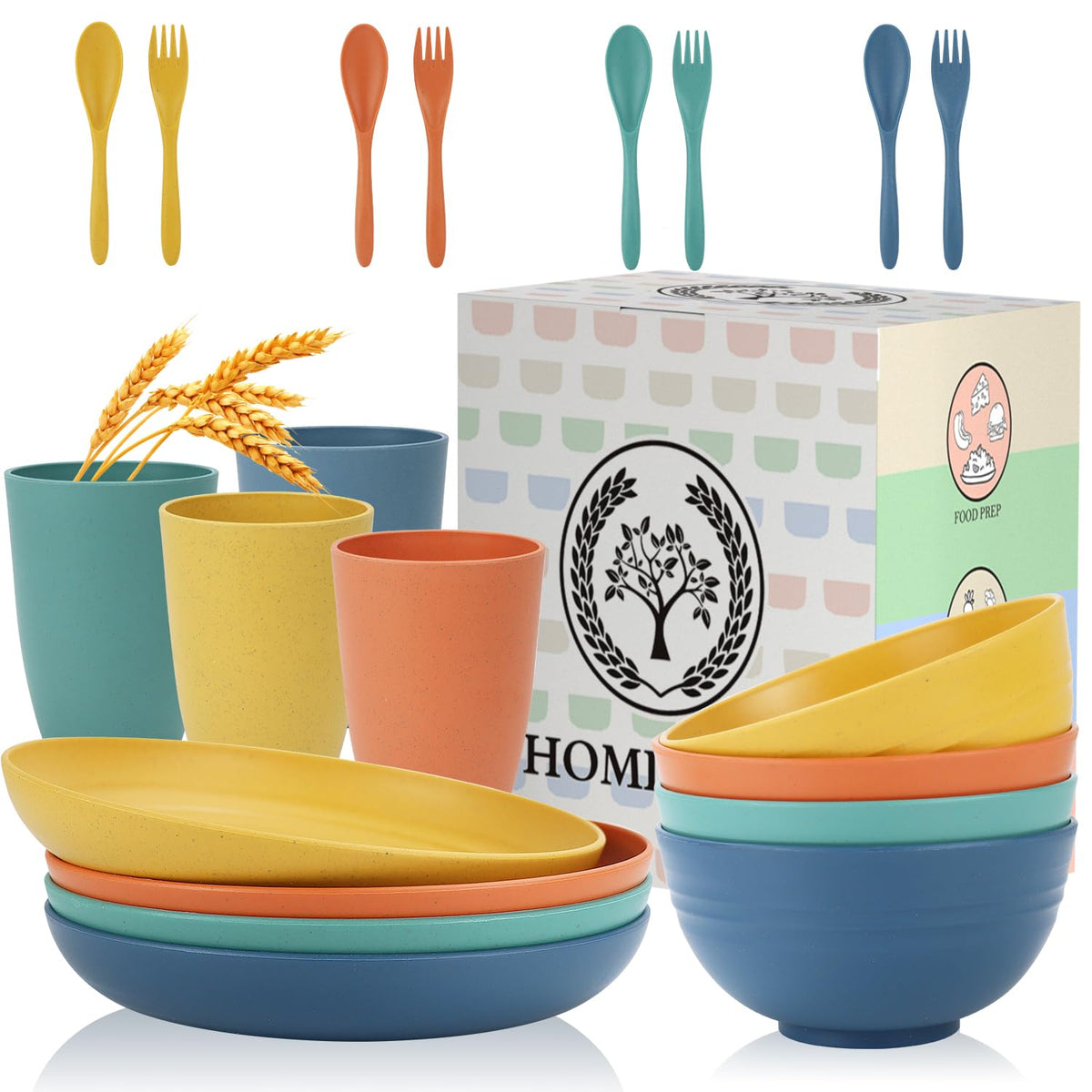 Homienly Wheat Straw Dinnerware Sets 20 PCS Plates and Bowls Sets Microwave and Dishwasher Safe Dish Set Unbreakable Camping Dish Set Cups and Plates Sets for Kitchen, Picnic, RV (Multilight)