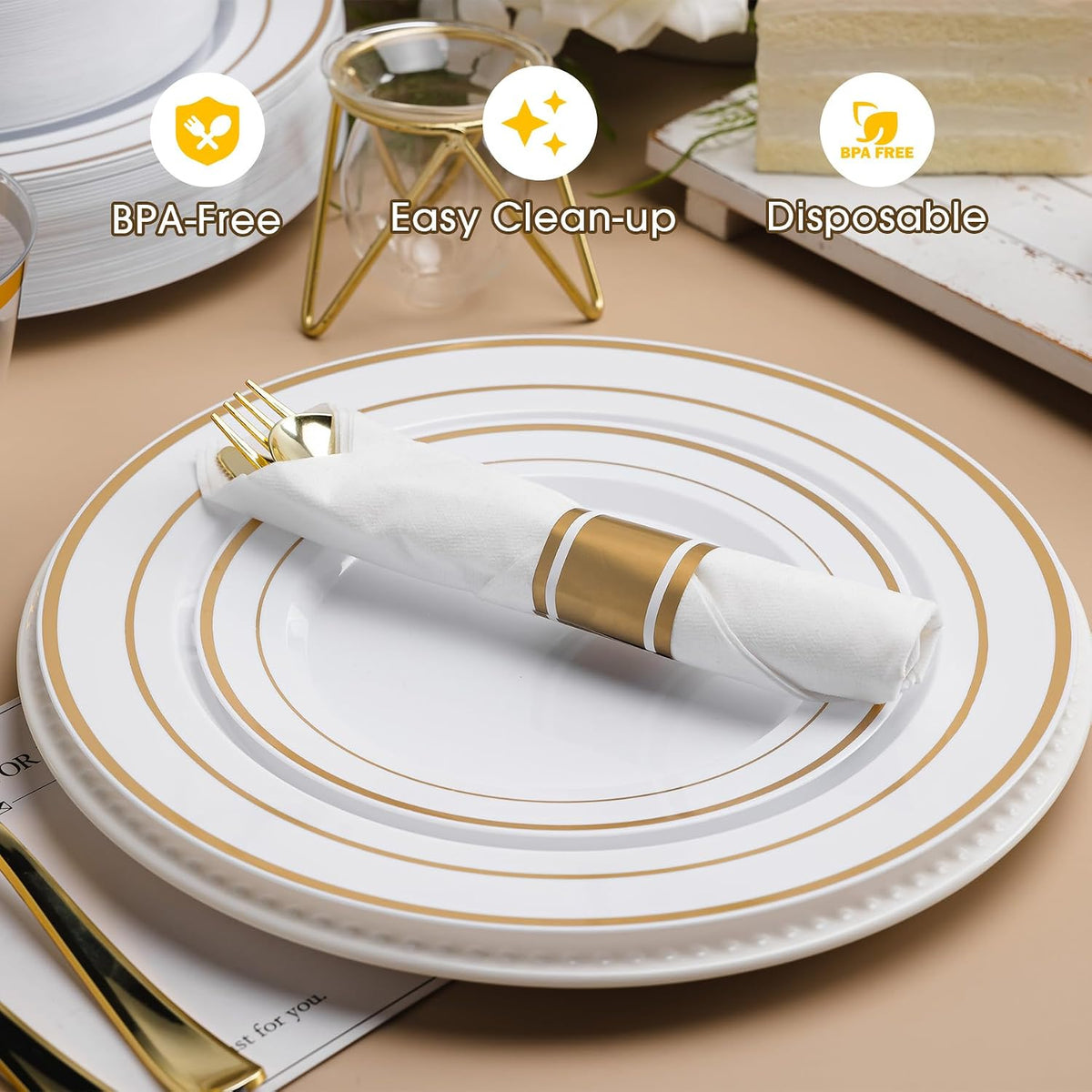 350 PCS White and Gold Plastic Dinnerware Set for 50 Guests