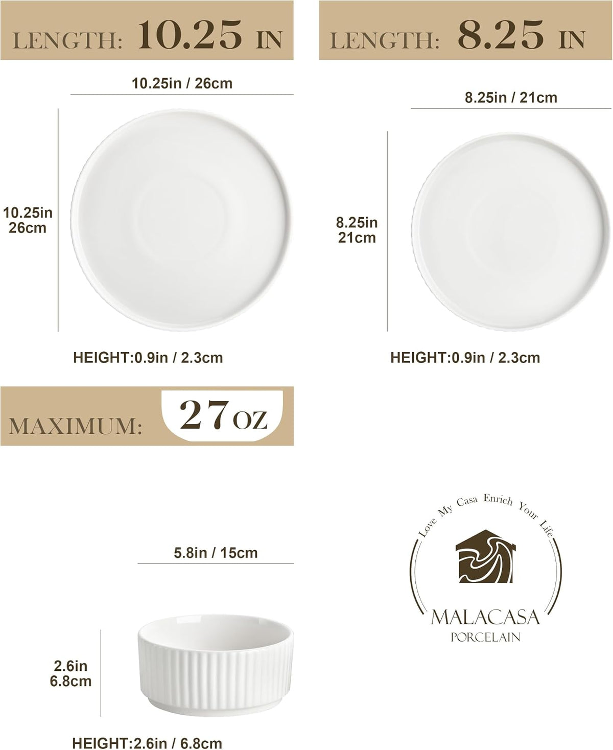 MALACASA Porcelain 18 Pieces Plates and Bowls Set, Dinnerware Set for 6