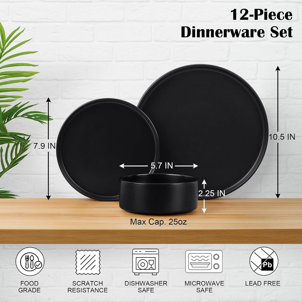 E-far Stoneware Dinnerware Sets, 12-Piece Black Plates and Bowls Set for 4