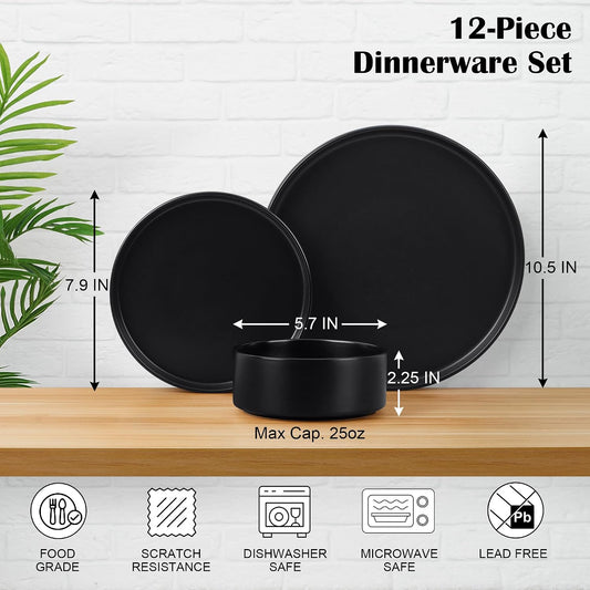 E-far Stoneware Dinnerware Sets, 12-Piece Black Plates and Bowls Set for 4
