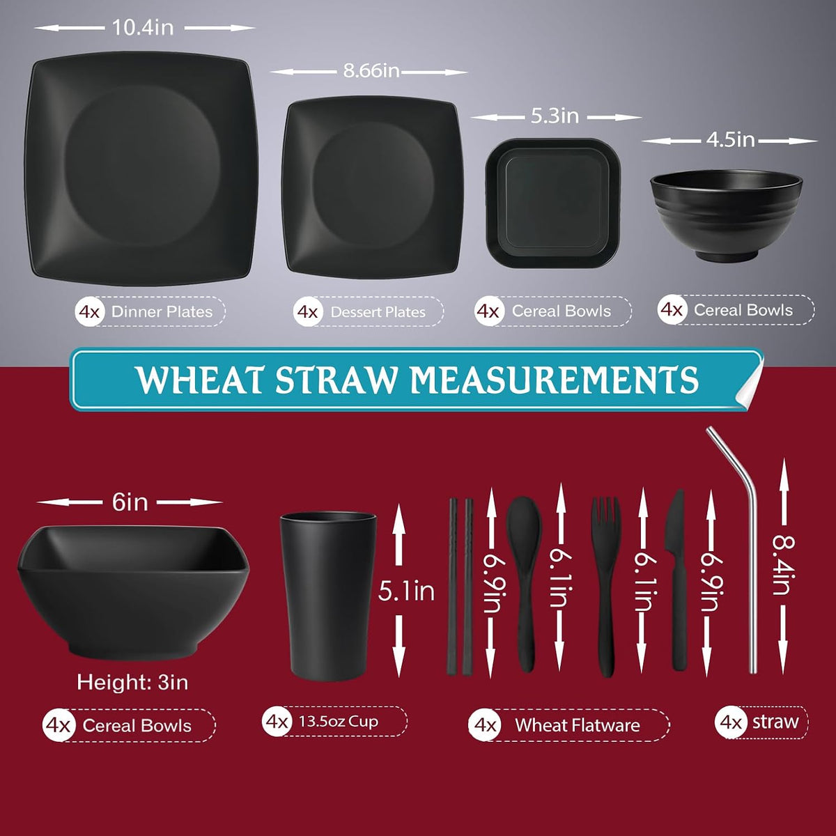 Teivio 44-piece With Flatware Plates and Bowls Sets, Black Dishes Set for 4