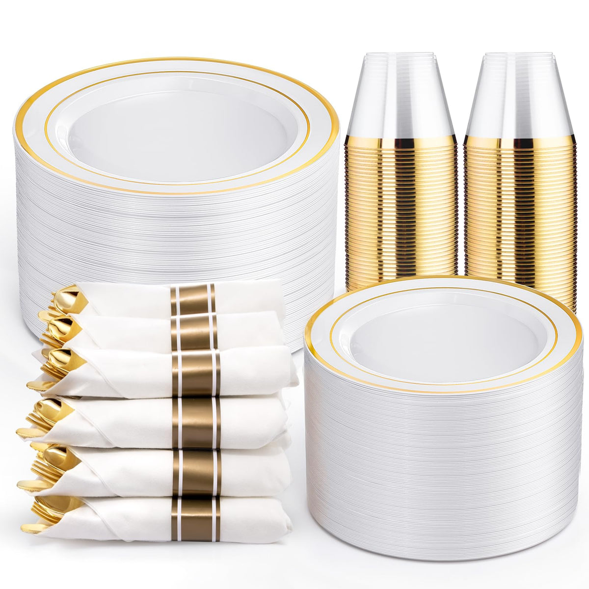 WELLIFE 50 Guests Dinnerware Sets, Gold Plastic Plates，Platos Para Fiestas Elegantes Desechables Include:50 Dinner Plates, 50 Dessert Plate, 150 Pcs Gold Plastic Silverware, 50 Cups for Party