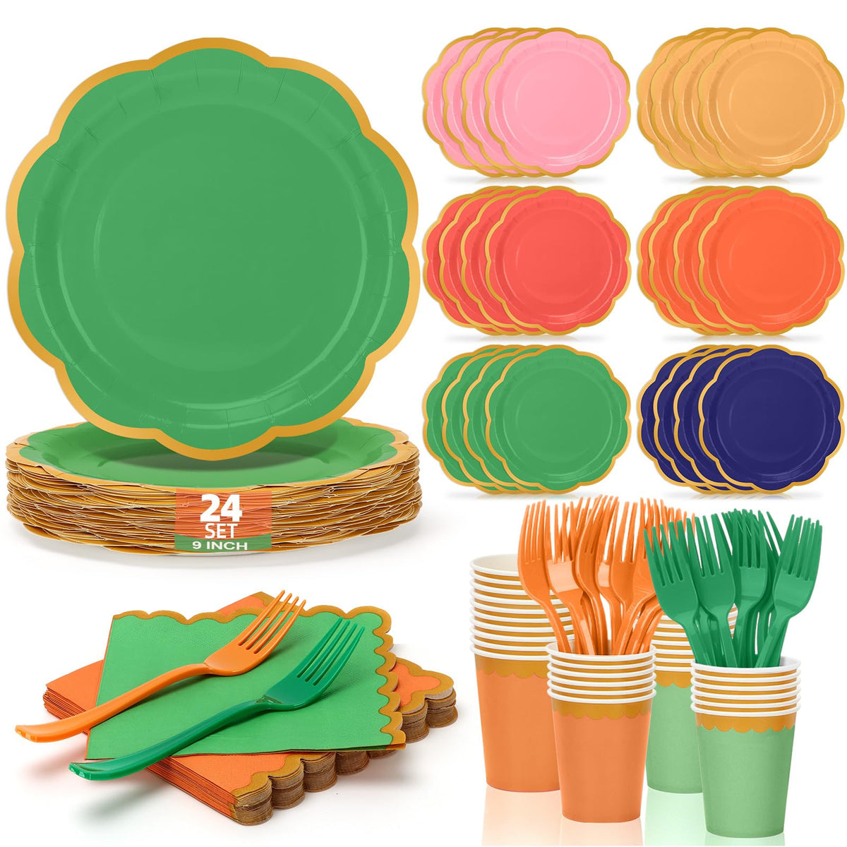 Orange Plates and Napkins Party Supplies for 48 Guests, Disposable 9’’ Gradient Scalloped Orange Fall Paper Plates Tableware Set for Fall Birthday, Harvest Party, Thanksgiving Decorations