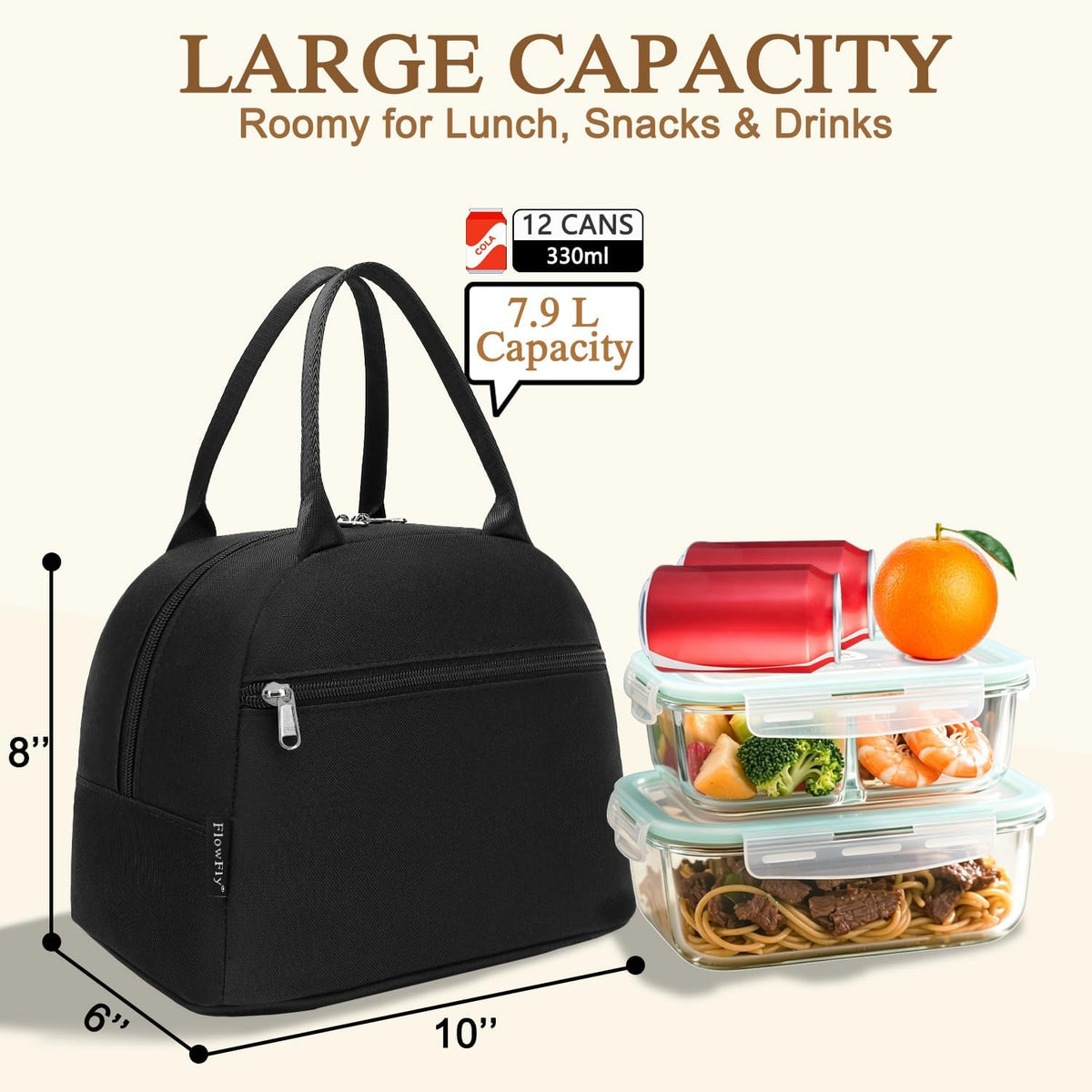 FlowFly Insulated Lunch Cooler Bag - Tote Bag Organizer for Women/Men, Black